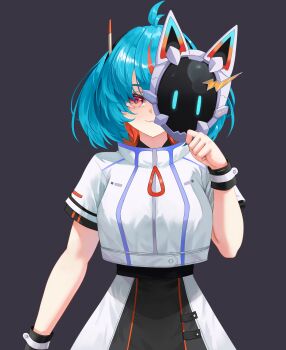 Rule 34 | 1girl, absurdres, ahoge, belt, black skirt, blue hair, bracelet, cat mask, dark background, dress, futuristic outfit, hair ornament, highres, holding, holding mask, indie virtual youtuber, jewelry, looking at viewer, mana (manasenshou), mask, michi (vtuber), multicolored hair, non-web source, one eye covered, partially visible face, short hair, short sleeves, simple background, skirt, smile, solid background, solo, standing, upper body, white dress, wristband