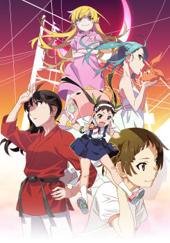 5girls absurdres ahoge aqua_hair araragi_karen arm_at_side backpack badge bag bandaid bandaid_on_knee bandaid_on_leg bare_arms bare_legs belt black_belt black_hair blonde_hair blunt_bangs blunt_ends blush_stickers border bow bracelet brown_eyes brown_hair button_badge cherry_print crescent criss-cross_back-straps crossed_arms dot_nose dougi drawstring dress dress_shirt drop_shadow fading_border fang fingernails flat_chest flipped_hair floating_hair food_print frilled_shirt_collar frills fruit_print full_body googly_eyes gradient_background gradient_sky green_eyes green_ribbon grey_eyes gym_shirt hachikuji_mayoi hair_between_eyes hair_flaps hair_ribbon hairband hand_on_own_hip hand_up hands_up happy hat highres holding holding_strap holding_unworn_clothes holding_unworn_hat hood hood_down hooded_dress japanese_clothes jewelry kimono legs_apart light_blush lone_nape_hair long_hair looking_at_viewer looking_to_the_side looking_up martial_arts_belt midair monogatari_(series) multiple_girls neck_ribbon official_art ononoki_yotsugi open_mouth orange_hat orange_sky oshino_shinobu outline outstretched_legs pants parted_bangs parted_lips pink_bag pink_dress pointy_ears power_lines profile red_eyes red_kimono red_ribbon red_shoes ribbon ringed_eyes sengoku_nadeko shade shading_eyes shirt shoe_soles shoes short_bangs short_eyebrows short_hair short_sleeves short_twintails sidelocks sideways_glance skirt sky sleeveless sleeveless_dress smile socks straight-on sundress suspender_skirt suspenders three-quarter_sleeves twintails unworn_hat unworn_headwear upper_body utility_pole uwabaki uwagi very_long_hair waist_bow white_dress white_hairband white_pants white_shirt white_socks wind yellow_eyes yellow_outline