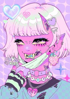 1girl artist_logo artist_name bandaid bandaid_on_finger bandaid_on_hand black_gloves black_shirt blue_shirt blue_tongue blunt_bangs blush bridge_piercing bruise bruise_on_face bruise_on_neck collar colored_blush colored_sclera colored_skin colored_tongue commentary ear_piercing earrings english_commentary eyeball_necklace face_piercing fangs fingerless_gloves food-themed_earrings food_themed_earrings ghoulkiss gloves gradient_sclera green_gloves green_hair green_mask green_shirt hair_ornament heart heart_hair_ornament heart_necklace highres injury jewelry logo long_sleeves makeup mask mask_pull monster_girl mouth_mask multicolored_hair multiple_necklaces necklace open_mouth original pastel_colors piercing pink_background pink_eyes pink_hair pink_skin pointy_ears purple_background purple_collar purple_sclera scene_fashion shirt short_hair smile solo sparkle stitched_face stitches strawberry_earrings striped_clothes striped_gloves surgical_mask teeth torn_clothes torn_shirt two-tone_hair yellow_sclera