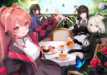 4girls absurdres ahoge arm_up bandeau belt black_belt black_bodystocking black_gloves black_hair black_skirt blue_eyes blue_jacket blush bodystocking breasts buckle bug butterfly chaos_zero_nightmare choker cleavage collar colored_inner_hair cropped_jacket flower food gloves hair_between_eyes hair_intakes hand_up heart high-waist_skirt highres insect jacket large_breasts long_hair long_sleeves looking_at_viewer mei_lin_(chaos_zero_nightmare) multicolored_hair multiple_girls open_clothes open_jacket open_mouth pink_hair puffy_long_sleeves puffy_sleeves purple_hair red_bandeau red_choker red_eyes renoa_(chaos_zero_nightmare) rin_(chaos_zero_nightmare) scabbard see-through_cleavage see-through_clothes sheath short_hair sidelocks skirt smile solo taka_kou39 tea tressa_(chaos_zero_nightmare) twintails two-tone_hair very_long_hair white_hair yellow_eyes zipper