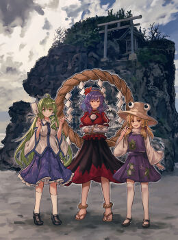 1girl 3girls :d ahoge animal_print arms_under_breasts bare_shoulders black_shoes black_skirt blonde_hair blue_skirt breasts brown_hat closed_mouth cloud collared_shirt crossed_arms detached_sleeves dot_nose facing_viewer frilled_skirt frills frog_hair_ornament frog_print gohei green_eyes green_hair hair_ornament hair_ribbon hair_tubes hat highres holding holding_gohei kneehighs kochiya_sanae large_breasts loafers long_hair long_skirt long_sleeves looking_at_viewer medium_breasts medium_hair mirror moriya_suwako multiple_girls open_mouth outdoors patterned_clothing print_skirt purple_hair purple_vest red_eyes ribbon rope sandals shide shimenawa shirt shoes shrine sidelocks single_hair_tube single_sidelock skirt skirt_set sky sleeveless sleeveless_shirt small_breasts smile snake_hair_ornament socks solo teeth tentaizukan thighhighs torii touhou upper_teeth_only v vest white_shirt wide_sleeves wing_collar yasaka_kanako yellow_eyes zettai_ryouiki