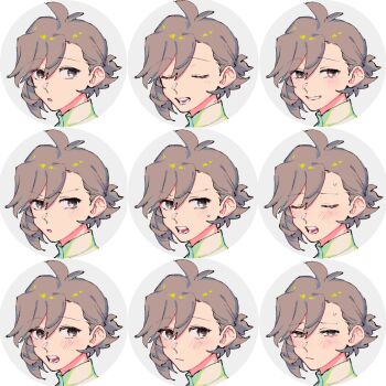 Rule 34 | 1girl, :o, absurdres, angry, antenna hair, asymmetrical bangs, blush, closed eyes, commentary request, expression chart, green shirt, grey background, grey eyes, grin, highres, kabane (rjev8385), multiple expressions, multiple views, nervous, open mouth, original, parted lips, ponytail, shirt, short ponytail, sigh, smile, swept bangs