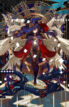 1girl angel_wings card_(medium) choker closed_eyes commentary daniel_deng english_commentary full_body genshin_impact gloves hair_between_eyes hat highres leotard long_hair mona_(genshin_impact) pantyhose purple_hair solo tarot tarot_(medium) twintails wings witch_hat