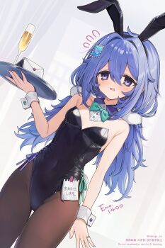 1girl animal_ear_hairband animal_ears artist_name bare_shoulders black_hairband black_leotard black_pantyhose blue_eyes blue_hair blush bow bowtie breasts covered_navel cup detached_collar dot_nose drinking_glass fake_animal_ears fake_tail fingernails furrowed_brow green_bow green_bowtie green_ribbon groin hair_between_eyes hair_ornament hairband hand_up highleg highleg_leotard highres holding holding_plate holding_tray jewelry leotard letter loli long_hair nail_polish nekogu_rui original pantyhose pink_nails plate playboy_bunny postage_stamp purple_ribbon rabbit_ears rabbit_tail ribbon ring small_breasts solo standing sweatdrop tail tilted_head tray twintails twitter_username very_long_hair white_background wrist_cuffs