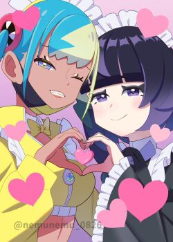 2girls apron aqua_hair bandeau black_dress black_hair black_mask blonde_hair blue_eyes blunt_bangs blush bob_cut breasts canari_(pokemon) closed_mouth commentary_request dark-skinned_female dark_skin dress frills gradient_hair gwynn_(pokemon) heart heart_hands highres long_sleeves looking_at_viewer maid maid_apron maid_headdress mask mouth_mask multicolored_hair multiple_girls navel nemunemu_0826 nintendo one_eye_closed open_mouth pokemon pokemon_legends:_z-a purple_eyes purple_hair short_hair short_twintails smile split-color_clothes split-color_hair twintails two-tone_hair two-tone_mask upper_body yellow_bandeau yellow_mask
