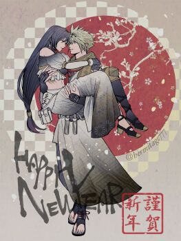 1boy 1girl arms_around_neck bare_shoulders black_gloves black_hair blonde_hair blue_eyes carrying cloud_strife cloud_strife_(official_festive_garb) commentary_request couple cropped_shirt face-to-face falling_petals final_fantasy final_fantasy_vii final_fantasy_vii:_ever_crisis fingerless_gloves floral_background floral_print floral_print_skirt frilled_shirt frills full_body gloves ha_lu77 happy_new_year hetero high_heels highres japanese_clothes kimono knee_pads long_hair long_skirt looking_at_another looking_at_viewer low-tied_long_hair midriff new_year off-shoulder_shirt off_shoulder official_alternate_costume parted_lips petals princess_carry print_skirt red_eyes sandals scarf shirt short_hair signature single_knee_pad skirt smile spiked_hair standing tifa_lockhart tifa_lockhart_(golden_flower_kimono) twitter_username