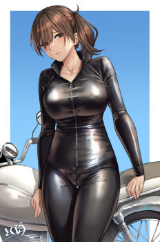 Rule 34 | 1girl, absurdres, alternate costume, biker clothes, bikesuit, black bodysuit, blue background, bodysuit, border, breasts, brown eyes, brown hair, commentary request, hair between eyes, hair over one eye, highres, kaga (kancolle), kantai collection, kokuzou, large breasts, long hair, looking at viewer, motor vehicle, motorcycle, side ponytail, signature, solo, white border