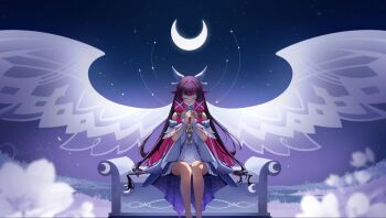 1girl artist_name bare_shoulders bench black_hair chiiwaffle closed_eyes closed_mouth colored_inner_hair columbina_(genshin_impact) commentary crescent_moon dress english_commentary facing_viewer feet_out_of_frame genshin_impact hair_ornament hair_ribbon hands_up highres long_hair mask moon multicolored_hair night off-shoulder_dress off_shoulder outdoors own_hands_clasped own_hands_together praying purple_hair ribbon sitting smile solo very_long_hair white_dress white_mask white_ribbon white_wings wide_shot wing_hair_ornament wings x_hair_ornament