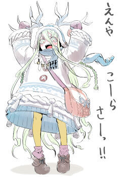 1girl antlers arms_up blush coat commentary_request fate/grand_order fate_(series) full_body highres horns long_hair looking_at_viewer louhi_(fate) mittens open_mouth scarf sharp_teeth sketch smile solo solopipb teeth winter_clothes woollen_cap