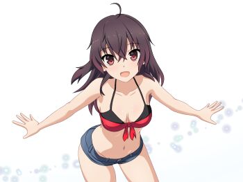 1girl :d ahoge asakura_mihono bare_arms bare_shoulders bikini bikini_top_only black_bikini black_hair blue_shorts blush breasts brown_eyes brown_hair cleavage collarbone cowboy_shot denim denim_shorts front-tie_bikini_top front-tie_top gradient_hair groin hair_between_eyes halterneck highres leaning_forward long_hair looking_at_viewer medium_breasts micro_shorts mismatched_bikini multicolored_hair navel open_mouth ototsu_(nitta225) outstretched_arms red_bikini red_eyes short_shorts shorts simple_background smile solo spread_arms standing stomach swimsuit thighs toji_no_miko transparent_background white_background