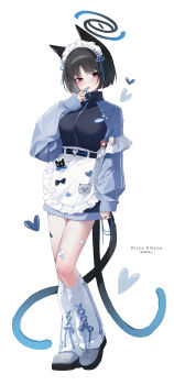 1girl alternate_costume animal_ears apron bakeneko bandaid bandaid_on_leg black_eyes blue_archive blue_halo cat&#039;s_cradle cat_ears cat_girl cat_tail character_pin commentary_request full_body gradient_tail halo heart highres jacket kikyou_(blue_archive) maid_headdress multicolored_jacket multiple_tails nagusa_(blue_archive) nagusa_(swimsuit)_(blue_archive) s0104y solo tail two-tone_jacket two_tails waist_apron white_background yukari_(blue_archive) yukari_(swimsuit)_(blue_archive)