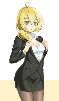 absurdres black_skirt breasts business_suit button_gap clip_studio_paint_(medium) collared_shirt commission eudetenis final_fantasy final_fantasy_brave_exvius formal_clothes genderswap genderswap_(mtf) highres partially_unbuttoned pectoral_cleavage pectorals pencil_skirt ramza_beoulve shirt skirt skirt_suit suit unbuttoned war_of_the_visions:_final_fantasy_brave_exvius white_shirt