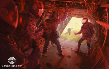 4boys body_armor bodysuit camouflage cross_promotion dark_skin day helmet highres king_kong_(series) leafwing legendary_pictures mercenary military military_uniform mohammad_yazid monarch_(monsterverse) monarch_suit monster monsterverse multiple_boys official_art paramilitary plane red_light scientist skull_island:_the_birth_of_kong sky skydive skydiving_suit tactical_clothes tie-in wings