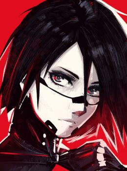 Rule 34 | 1girl, android, black hair, close-up, commentary, elster (signalis), english commentary, grey eyes, highres, looking at viewer, miss faves, parted lips, red background, short hair, signalis, simple background, solo