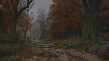 1girl armor autumn autumn_leaves cape cloud cloudy_sky cold dirt_road forest highres landscape leaf mud nature original painterly rain red_cape refiend road rock scenery sky stairs tree water_drop