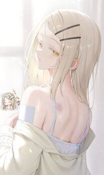 1girl albino back bare_shoulders blonde_hair blurry blurry_background bruise bruise_on_back camisole colored_eyelashes commentary_request flipped_hair from_behind gakuen_idolmaster hair_ornament hairclip hibimaru highres idolmaster long_sleeves looking_at_viewer looking_back off_shoulder orange_eyes shinosawa_hiro shoulder_blades solo sweat sweaty_clothes swept_bangs upper_body white_camisole yellow_eyes