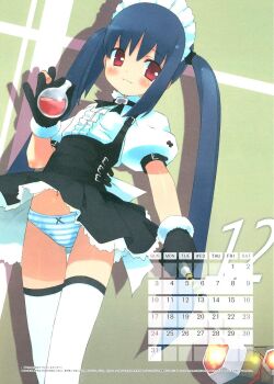 1girl between_fingers blue_hair blue_panties blush bow bow_panties calendar choker clothes_lift cork cross december dress dress_lift female_focus flask flat_chest frills fur_trim gayarou gloves hair_between_eyes hammer highres holding kooh_(pangya) loli long_hair looking_away maid maid_headdress navel pangya panties pantyshot petticoat red_eyes ribbon ribbon_choker round-bottom_flask scan scan_artifacts scrunchie shirt short_dress sidelocks solo standing strap striped_clothes striped_panties thigh_gap thighhighs turtleneck twintails underwear upskirt very_long_hair white_panties white_thighhighs wind wind_lift