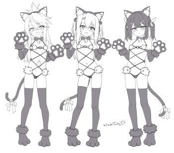 3girls animal_ears bikini black_socks cat_ears cat_girl cat_tail check_copyright chloe_von_einzbern copyright_request fate/kaleid_liner_prisma_illya fate_(series) greyscale highres huoji_(wonderturkey) illyasviel_von_einzbern loli miyu_edelfelt monochrome multiple_girls necktie non-web_source simple_background socks standing swimsuit tail white_background