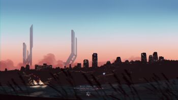 cloud commentary english_commentary gradient_sky highres no_humans ocean original pink_sky scenery science_fiction sky the_protagonists_(protagonist2114) torii tower twilight