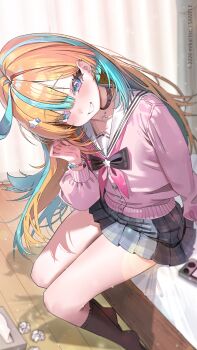 Rule 34 | 1girl, absurdres, amakawa hano, bead bracelet, beads, black choker, black skirt, black socks, blue eyes, blue hair, blunt bangs, blurry, bracelet, cardigan, cellphone, choker, collarbone, commentary, copyright name, curtains, depth of field, ear piercing, earrings, english text, full body, grin, hair ornament, hibi2scus, highres, jewelry, looking at viewer, multicolored eyes, multicolored hair, on bed, orange hair, phone, piercing, pink eyes, pink ribbon, pink sweater, plaid clothes, plaid skirt, pleated skirt, re:act, ribbon, sailor collar, school uniform, shooting star hair ornament, sitting, skirt, smartphone, smile, socks, star (symbol), star hair ornament, streaked hair, stud earrings, sweater, thighs, tissue box, used tissue, virtual youtuber, white sailor collar, wooden floor