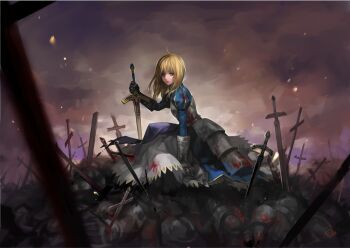 1girl ahoge armor armored_dress artoria_pendragon_(fate) ask_(askzy) battlefield blonde_hair blood caliburn_(fate) corpse dress fate/stay_night fate_(series) faulds female_focus field_of_blades gauntlets green_eyes hair_down long_hair planted planted_sword planted_weapon reference_work saber_(fate) solo sword weapon