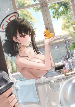 1girl 1other absurdres alternate_hairstyle bathing bathtub black_hair black_halo blue_archive breasts bubble cleavage collarbone commentary cup day faucet from_side hair_up halo hands_up hashtag-only_commentary highres holding holding_rubber_duck in_bathtub indoors large_breasts long_hair nude out_of_frame parted_lips pippin_(pippin_sol) red_eyes revision rio_(blue_archive) rubber_duck shampoo_bottle solo towel walk-in water wet window
