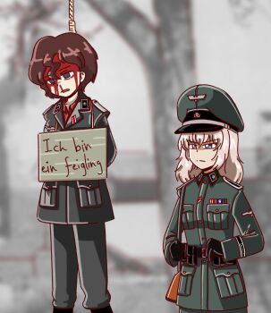 2girls absurdres akaboshi_koume black_cat03 blood brown_hair corpse empty_eyes execution germany girls_und_panzer grey_hair gun guro hanged highres itsumi_erika long_hair military_uniform multiple_girls nazi rope short_hair standing tree waffen-ss weapon world_war_ii