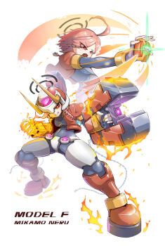 1girl ahoge armor biometal cowboy_shot fire forehead_jewel full_body helmet henshin_pose highres mega_man_(series) mega_man_zx mega_man_zx_advent model_f_(mega_man) multiple_views orange_armor orange_hair orange_helmet original red_eyes short_hair uncleduk