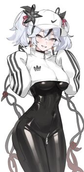 Rule 34 | 1girl, alternate breast size (larger), alternate costume, baseball cap, black bodysuit, black flower, blake bloom (wuthering waves), blush, bodysuit, breasts, camellya (wuthering waves), commentary, covered navel, earrings, flower, gold earrings, hair between eyes, hair vines, hands up, hashtag-only commentary, hat, hat flower, highres, jewelry, long sleeves, looking at viewer, medium breasts, parted lips, red pupils, short hair, short twintails, shrug (clothing), simple background, sleeves past fingers, sleeves past wrists, smile, solo, twintails, white background, white eyes, white hair, white hat, white shrug, wuthering waves, youngjoo kjy, zipper pull tab