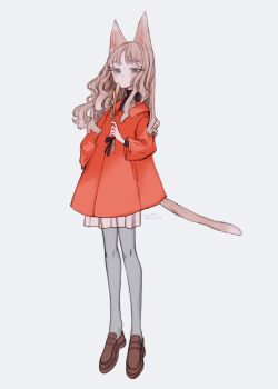 1girl animal_ears black_shirt blonde_hair brown_shoes cat_ears cat_girl cat_tail closed_mouth coat commentary_request dated full_body grey_eyes grey_pantyhose hand_in_pocket highres holding holding_wheat limo_nine loafers long_hair looking_at_viewer miniskirt original pantyhose pleated_skirt red_coat shirt shoes signature simple_background skirt solo tail turtleneck turtleneck_shirt wheat white_background white_skirt