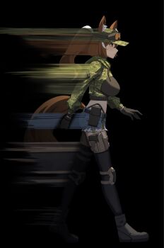 1girl absurdres animal_ears black_background black_boots black_gloves black_thighhighs blue_shorts boots breasts brown_eyes brown_hair callisto_(greyeth) closed_mouth commentary commission ears_through_headwear english_commentary fox_ears fox_girl fox_tail from_side full_body gar32 gloves goggles goggles_on_headwear green_hat green_jacket gun hat highres jacket knee_guards large_breasts long_hair long_sleeves looking_ahead midriff motion_blur multicolored_hair original ponytail pouch profile second-party_source short_shorts shorts simple_background solo streaked_hair tail thighhighs walking weapon weapon_in_legwear white_streaks