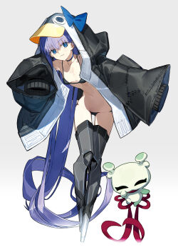 1girl absurdly_long_hair animal_hood bikini black_bikini black_jacket blue_choker blue_eyes breasts choker commentary_request fate/grand_order fate_(series) highres hood hood_up hooded_jacket jacket long_hair looking_at_viewer meltryllis meltryllis_(fate) meltryllis_(swimsuit_lancer)_(fate) meltryllis_(swimsuit_lancer)_(first_ascension)_(fate) navel open_clothes open_jacket oversized_jacket penguin_hood prosthesis prosthetic_leg purple_hair simple_background sleeves_past_fingers sleeves_past_wrists small_breasts solo stomach swimsuit very_long_hair wada_arco white_background