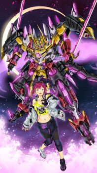 absurdres black_hair blush breasts cleavage garimpeiro highres jacket large_breasts long_sleeves looking_at_viewer mecha multicolored_hair open_clothes open_mouth pink_hair ponytail purple_eyes robot shirt super_robot_wars super_robot_wars_y tsukinowa_forte two-tone_hair yz-lunedrache_kaguya