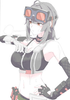 1girl absurdres ahoge armpits asymmetrical_gloves black_choker black_gloves black_hair black_pants black_tank_top breasts breath choker cleavage collarbone crop_top duplicate elbow_gloves explosive eyewear_on_head fingerless_gloves gloves goggles grace_howard gray_orbit grenade hand_on_own_hip highres large_breasts long_hair looking_to_the_side navel orange_eyes pants pixel-perfect_duplicate solo standing sweat tank_top teeth uneven_gloves white_background white_gloves zenless_zone_zero zipper_top