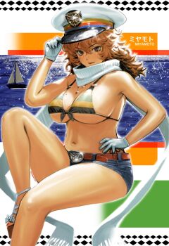 1girl belt belt_buckle bikini bikini_top_only black_bikini blush boat breasts brown_belt brown_eyes brown_hair buckle character_name cowboy_shot denim denim_shorts front-tie_bikini_top front-tie_top gloves hair_between_eyes hand_on_headwear hat heart_pendant highres horizontal-striped_bikini huge_breasts inset jewelry knee_up lipstick long_scarf looking_past_viewer makeup meisharan micro_shorts multicolored_background multicolored_bikini navel necklace o-ring o-ring_top ocean original photo_background platform_footwear red_lips red_nails sailor_hat scarf shiny_clothes shiny_skin shorts sitting solo sparkle stomach swimsuit thick_thighs thighs toenails watercraft white_background white_gloves white_scarf wide_hips yellow_bikini