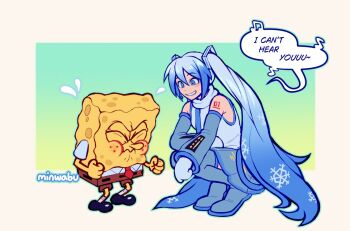 1boy 1girl arm_tattoo black_shoes blue_eyes blue_hair blue_necktie blue_shoes blue_sleeves blush brown_pants collared_shirt commentary crossover detached_sleeves english_commentary english_text flying_sweatdrops full_body gradient_hair grin hair_between_eyes hatsune_miku long_hair long_sleeves minwabu mittens multicolored_hair musical_note necktie number_tattoo pants puffy_cheeks red_necktie scarf shirt shoes smile snowflakes socks speech_bubble spongebob_squarepants spongebob_squarepants_(series) tattoo teeth tongue twintails twitter_username upper_teeth_only very_long_hair vocaloid white_mittens white_scarf white_shirt white_socks yuki_miku yuki_miku_(2011)