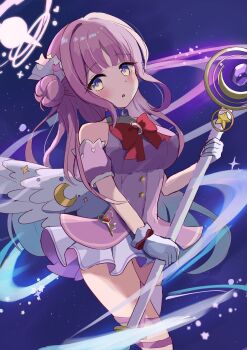 1girl absurdres alternate_costume bare_shoulders blue_archive blush breasts gloves hair_bun halo highres holding holding_staff large_breasts long_hair looking_at_viewer magical_girl mika_(blue_archive) miniskirt open_mouth pink_hair pink_shirt purple_halo shirt sidelocks single_side_bun skirt smyin_rii solo staff white_gloves white_skirt white_wings wings yellow_eyes
