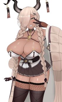 1girl absurdres adzie_orimura azur_lane black_horns braid breasts brown_coat brown_gloves brown_skirt brown_thighhighs center_opening cleavage coat commentary dark-skinned_female dark_skin english_commentary fishnet_gloves fishnet_thighhighs fishnets gloves hair_over_one_eye highres horn_ornament horns huge_breasts long_sleeves miniskirt mole mole_under_mouth open_clothes open_coat owari_(azur_lane) pleated_skirt simple_background skirt smile solo tassel thighhighs twin_braids v white_background wide_sleeves yellow_eyes
