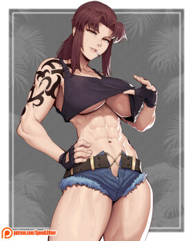 1girl abs absurdres arm_tattoo belt black_gloves black_lagoon black_tank_top blue_shorts border breasts brown_belt brown_eyes brown_hair cigarette clothes_lift commentary contrapposto cowboy_shot cutoffs denim denim_shorts english_commentary fingerless_gloves gloves half-closed_eyes hand_on_own_hip highres large_breasts lifting_own_clothes long_hair looking_at_viewer micro_shorts mouth_hold muscular muscular_female navel outside_border parted_lips patreon_logo patreon_username ponytail revy_(black_lagoon) seductive_smile shirt_lift shorts shoulder_tattoo smile smoking solo speedl00ver standing sweat tank_top tattoo teasing tribal_tattoo underboob watermark web_address white_border