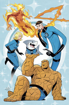 1girl 4boys ben_grimm closed_mouth commentary english_commentary fangs fantastic_four fins fire_body fish_tail gurihiru highres human_torch jeff_(marvel) johnny_storm long_arms long_body looking_at_another marvel multiple_boys open_mouth reed_richards shark shark_fin shark_tail signature smile sue_storm superhero_costume tail