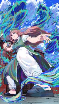 1girl black_shoes blue_eyes braid chinese_clothes collared_shirt commentary_request dress fighting_stance from_below green_dress hair_ornament hat highres hong_meiling light_smile long_hair no_socks pants parted_bangs red_hair scarlet_devil_mansion shirt shoes short_sleeves solo star_(symbol) star_hair_ornament touhou twin_braids white_pants white_shirt yuara