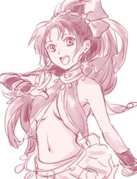 1girl :d arm_up armpits bare_shoulders breasts dancer earrings fire_emblem fire_emblem:_thracia_776 hair_ribbon hoop_earrings jewelry lara_(fire_emblem) looking_at_viewer navel nintendo open_mouth outstretched_arm ponytail ribbon sketch small_breasts smile solo underboob upper_body usachu_now