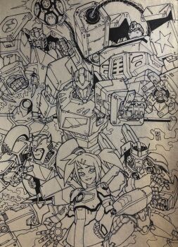 1girl 5boys autobot bulkhead bumblebee clenched_hands drill hand_on_own_hip highres ink_(medium) lextodrawstuff lineart mecha multiple_boys open_hand optimus_prime optimus_prime_(animated) pointing prowl_(transformers) ratchet_(transformers) robot sari_sumdac short_hair traditional_media transformers transformers_animated twintails visor