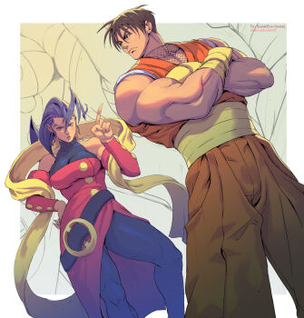 ahoge artist_name belt_buckle blush bodystocking breasts brown_eyes brown_hair buckle capcom capcom_fighting_jam crossed_arms dress dutch_angle final_fight final_fight_3 gloves guy_(final_fight) hagoromo hands_on_own_hips highres huge_ahoge large_belt large_breasts lejeanx3 long_sleeves ninja out_of_frame pants pointing pointing_at_another pointing_finger purple_bodystocking purple_eyes red_dress red_pants rose_(street_fighter) scarf shawl sketch_background street_fighter street_fighter_iv_(series) street_fighter_v street_fighter_zero_(series) yellow_buttons yellow_gloves yellow_scarf