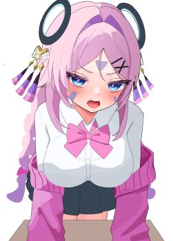 1girl absurdres black_skirt blue_eyes blush bow bowtie braid breasts cardigan citlali_(genshin_impact) collared_shirt commentary_request facial_mark floating_headgear forehead_mark genshin_impact hair_ornament hairclip hand_on_table headgear highres large_breasts long_hair long_sleeves looking_at_viewer open_cardigan open_clothes open_mouth pink_bow pink_bowtie pink_cardigan pink_hair pink_pupils pleated_skirt ruarua0819 saliva school_uniform shirt simple_background skirt solo standing sweat table tongue triangle triangle_facial_mark twin_braids very_long_hair white_background white_shirt