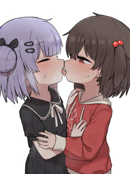 2girls absurdres blush closed_eyes commentary_request dress french_kiss hair_ornament highres hood kiss kodomo_doushi korean_commentary lakilolom loli mixed-language_commentary multiple_girls original paid_reward_available profile simple_background tongue variant_set white_background yuri