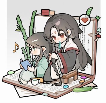 Rule 34 | 2boys, bamboo, bindi, black hair, black hanfu, blush stickers, book, bookmark, braiding another's hair, chibi, chibi only, chinese clothes, chinese text, closed mouth, collared robe, commentary request, couple, cucumber, cup, curtained hair, facial mark, forehead mark, furisode sleeves, gradient background, green eyes, green hanfu, green ribbon, grey background, hanfu, heart, highres, holding, holding book, knees up, layered sleeves, long hair, long sleeves, luo binghe, mouth hold, mug, multiple boys, mushroom, musical note, on stool, paper, parted bangs, reading, red eyes, red trim, renzha fanpai zijiu xitong, ribbon, ribbon in mouth, robe, shen qingqiu, sitting, sitting between legs, smile, spoken heart, stool, twitter username, very long hair, white background, white robe, wolf cut, wooden stool, yaoi, zorenbigmalo, zuiyin