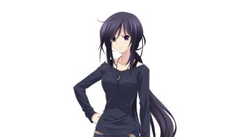 Rule 34 | 1girl, ahoge, annoyed, belt, black tank top, blue pants, breasts, brown belt, casual, chaos;child, collarbone, denim, frown, game cg, hand on own hip, highres, jeans, jewelry, kunosato mio, long hair, long sidelocks, looking at viewer, matsuo yukihiro, medium breasts, non-web source, off-shoulder shirt, off shoulder, official art, pants, pendant, pendant collar, ponytail, purple eyes, purple hair, purple shirt, science adventure, shirt, sidelocks, solo, sprite, striped clothes, striped shirt, tank top, transparent background, v-shaped eyebrows, very long hair