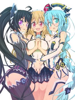 3girls absurdres bare_shoulders black_hair blonde_hair blue_eyes blue_hair braid breasts cosmic_break cosmic_break_2 crimrose fiona_(cosmic_break) halo headgear high_ponytail highres large_breasts leotard long_hair looking_at_viewer lunastasia mecha_musume mechanical_halo medium_breasts multiple_girls open_mouth own_hands_together ponytail purple_eyes red_eyes single_braid skirt smile tokumei_mikan very_long_hair
