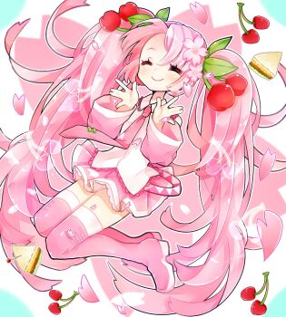 1girl blush breasts cherry cherry_hair_ornament closed_eyes closed_mouth collared_shirt commentary_request detached_sleeves falling_petals flower food food-themed_hair_ornament fruit full_body hair_between_eyes hair_ornament hatsune_miku highres koyubisennti long_hair long_sleeves looking_at_viewer miniskirt necktie official_alternate_costume petals pink_hair pink_necktie pink_skirt pleated_skirt sakura_miku shirt skirt sleeveless sleeveless_shirt smile solo twintails very_long_hair vocaloid white_shirt wide_sleeves